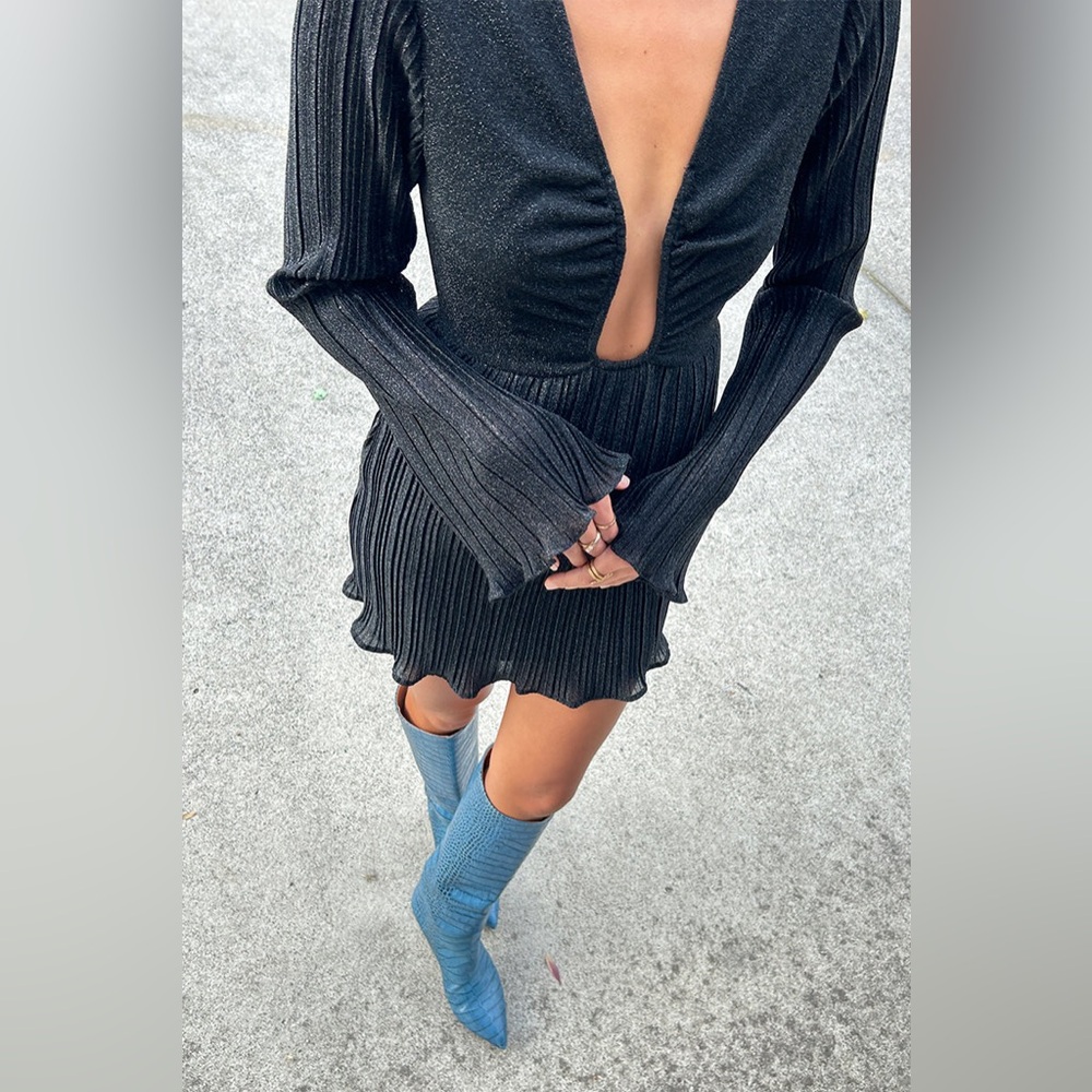 SUBOO Crystal Deep V-Neck Knit Pleated Mini Dress in Black Lurex AUS L US 8